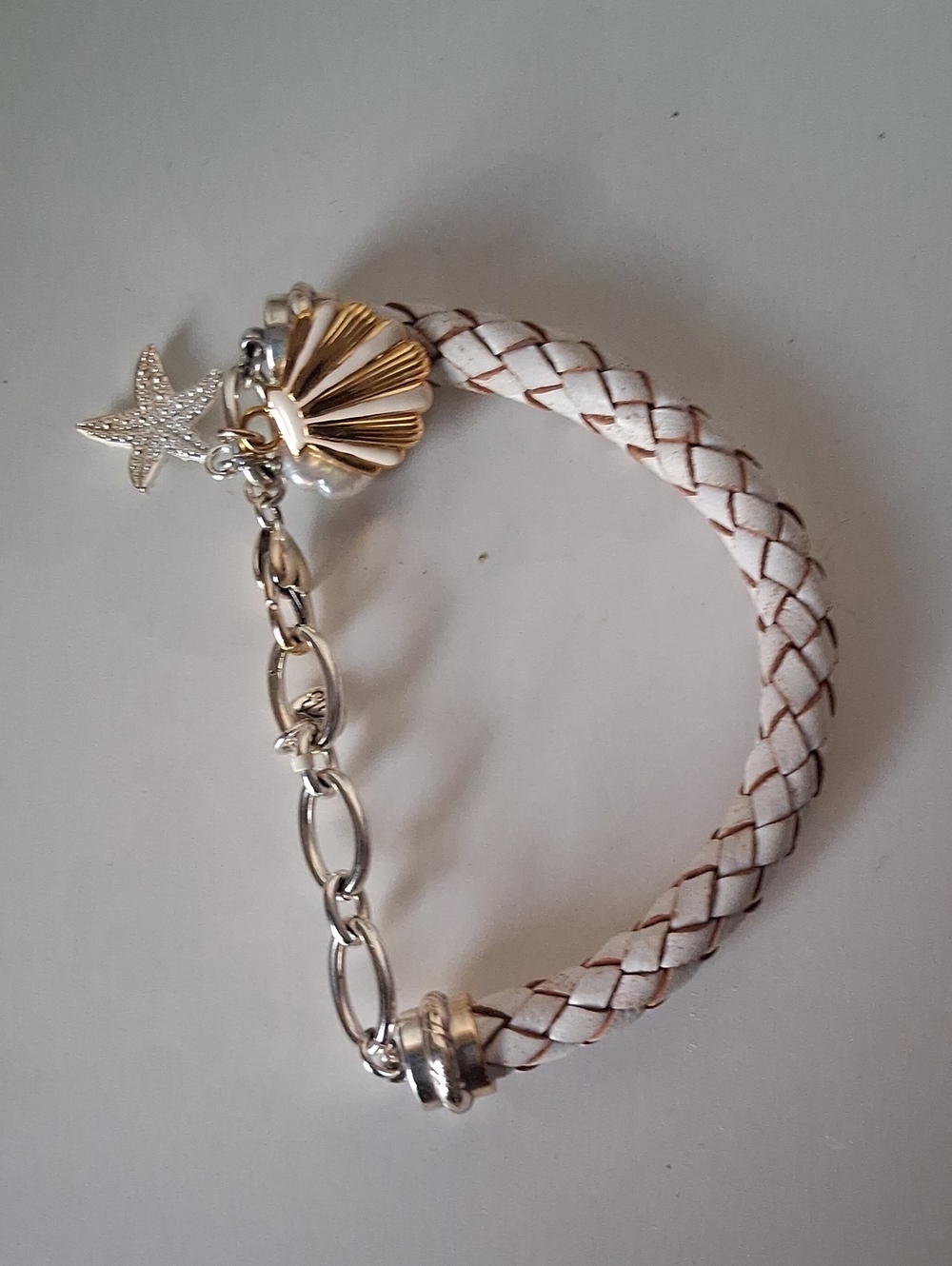 Brighton White Braided Leather Bracelet with Silver Starfish & Gold Shell Charms